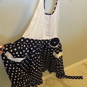 Sur La Table Apron Dotty Bow Blue White Full Apron with Pockets & Pot Holder